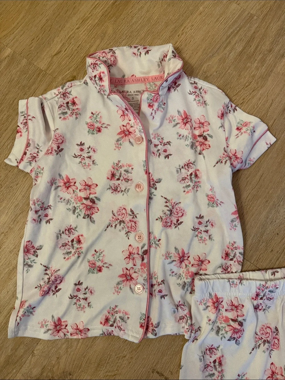 Laura Ashley Cream and Pink Floral Short-Sleeve Pajama Set